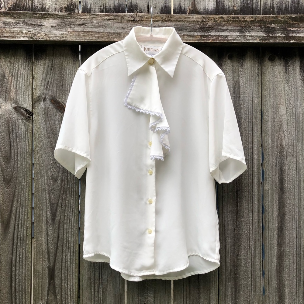 Vintage Ruffle Front Lace Trim Button Front Blouse Size 8 White Sheer